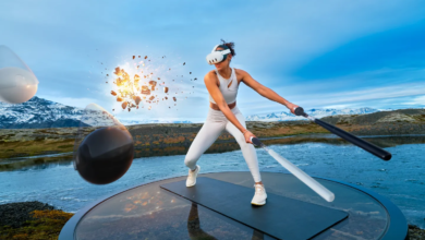 Woman in VR headset exercises with virtual swords on outdoor platform.