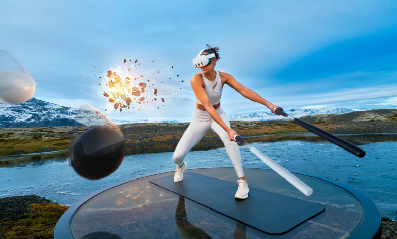 Woman in VR headset exercises with virtual swords on outdoor platform.