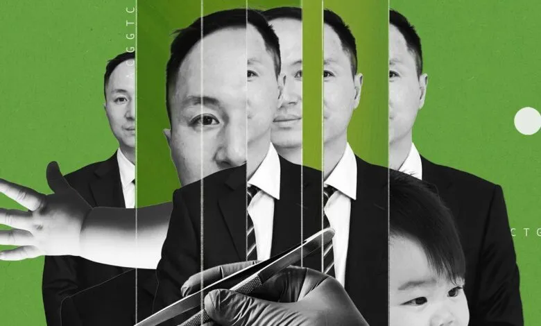 He Jiankui portrait with DNA and child, green background.