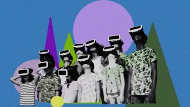 Group of children wearing VR headsets against a geometric background.