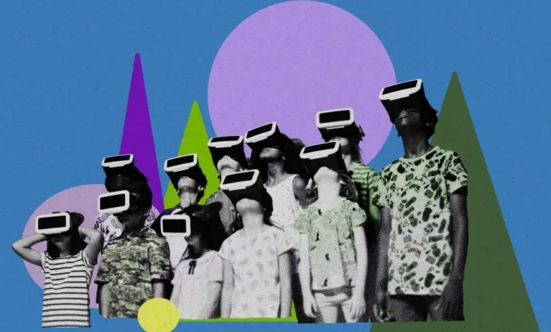 Group of children wearing VR headsets against a geometric background.