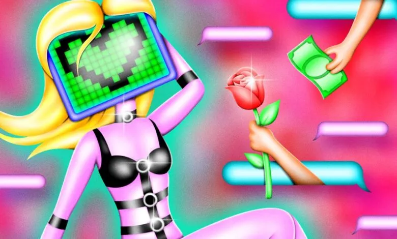 Stylized illustration of a pink figure with a pixelated screen head, receiving gifts.