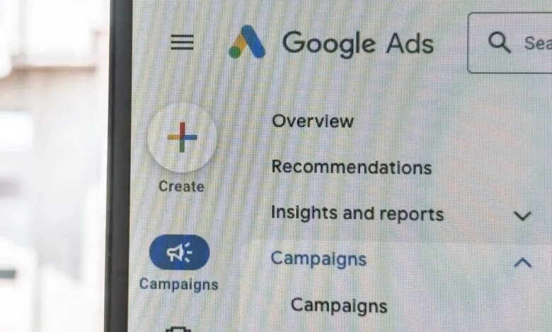 Google Ads interface showing menu options like Overview, Recommendations, and Campaigns.