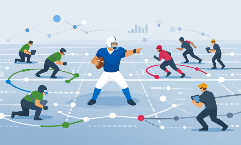 Football quarterback leads team, data analytics visualized as player paths.