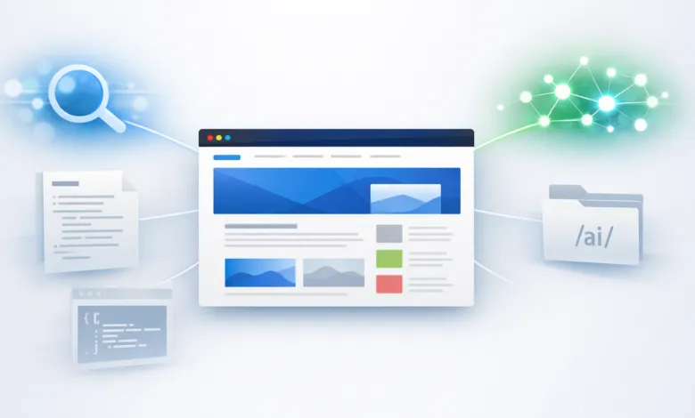 AI search concept with webpage, code, data, and search icon.