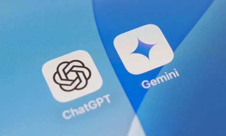 ChatGPT and Gemini app icons on a blue background.