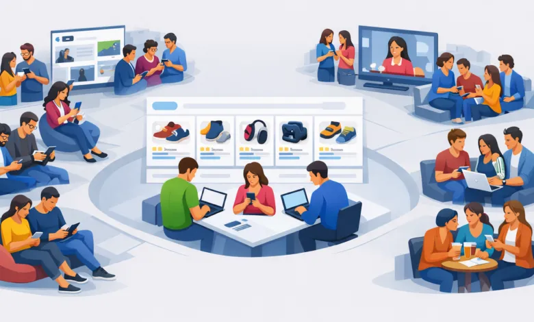 Diverse group of people using devices, surrounded by screens displaying content and products.