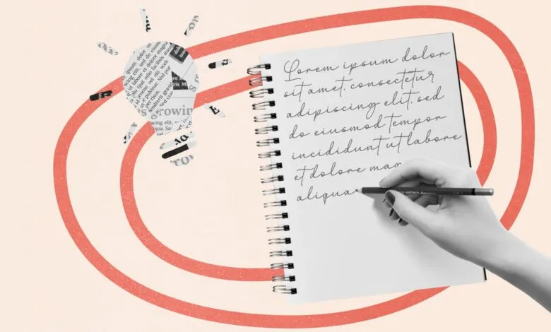 Hand writing 'Lorem Ipsum' in a notebook with a lightbulb graphic.