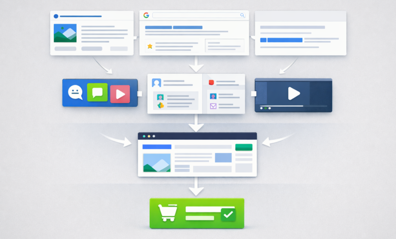 Customer journey map showing touchpoints from search to purchase.