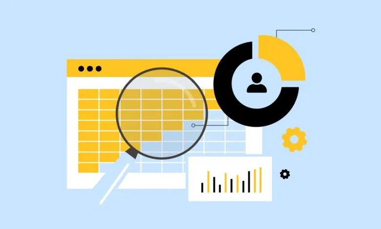 Data analysis illustration with chart, graph, and magnifying glass.