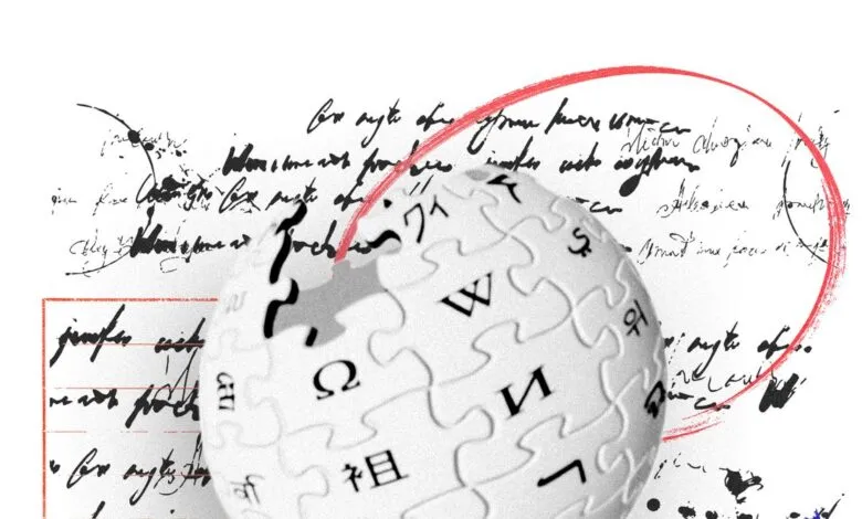 Wikipedia logo globe with handwritten text and red circle overlay.