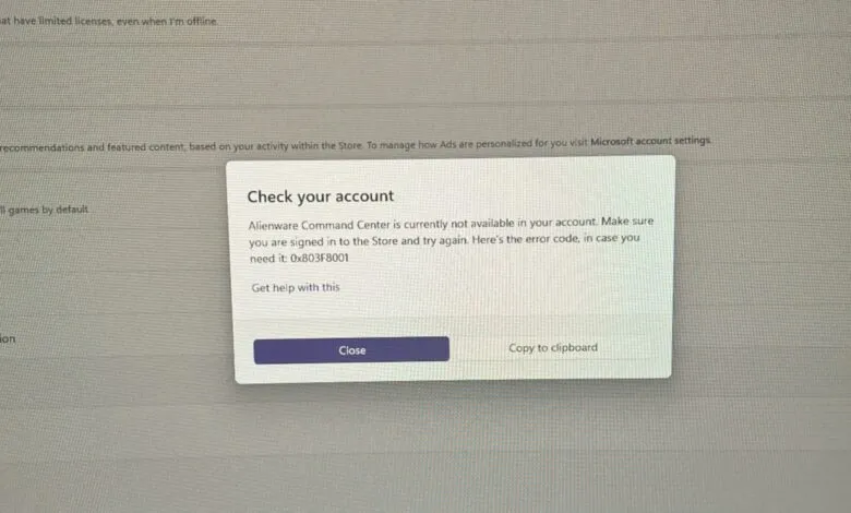 Error message: Alienware Command Center unavailable, error code 0x803F8001.