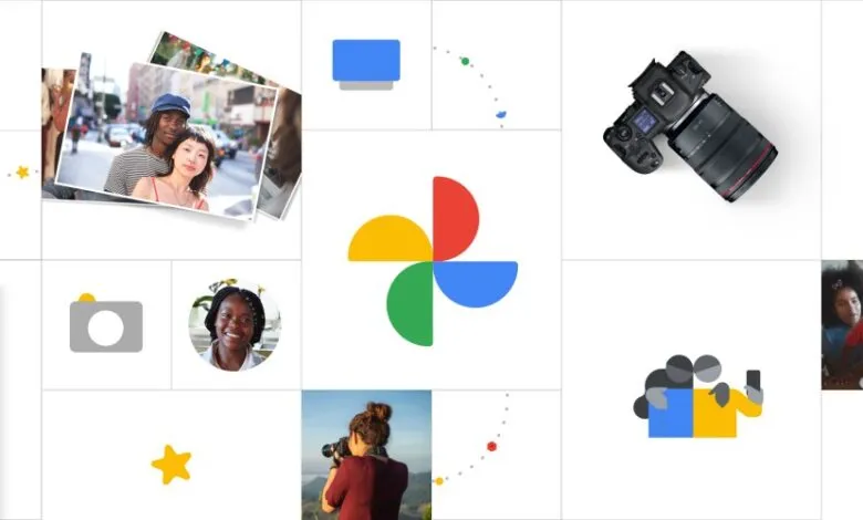 Google Photos collage showcasing features like printing and sharing.