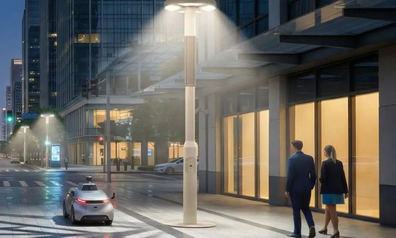 Modern city street scene with autonomous vehicle and smart lighting.