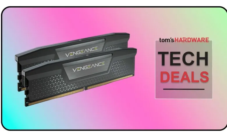 Two Corsair Vengeance RAM modules on a pink and green background.