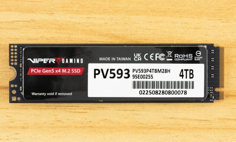 Viper Gaming PCIe Gen5 x4 M.2 SSD with 4TB capacity on a wooden surface.
