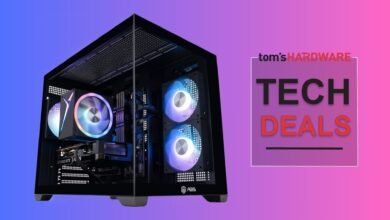 Gaming PC with RGB fans and Tom's Hardware Tech Deals graphic.