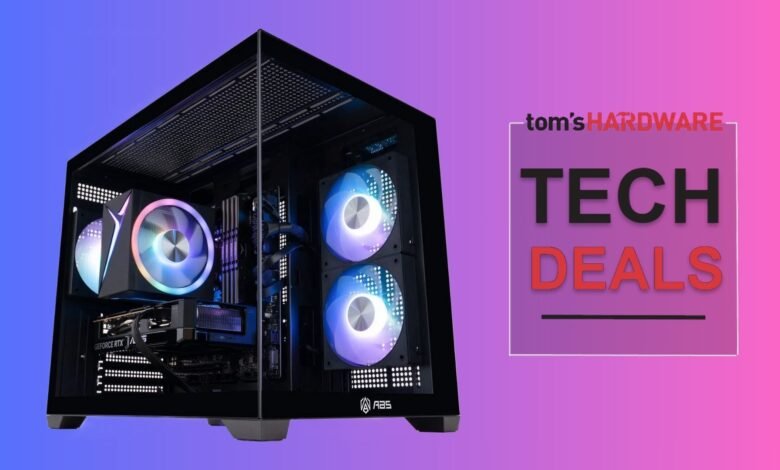 Gaming PC with RGB fans and Tom's Hardware Tech Deals graphic.