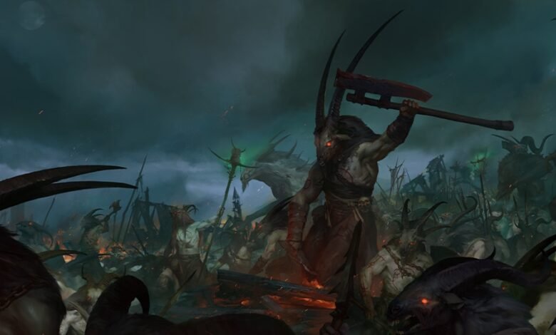 A horde of demonic creatures with horns and glowing red eyes in a dark, chaotic scene.