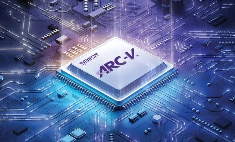 Close-up of a Synopsys ARC-V processor on a circuit board with glowing pathways.