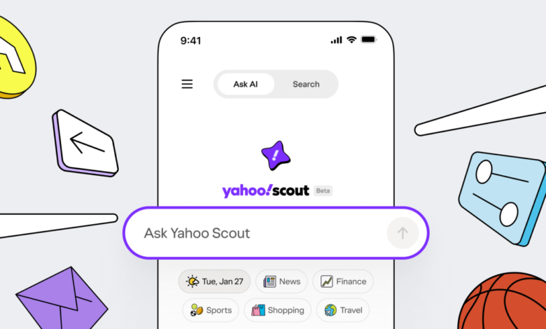 Yahoo Scout app interface on a smartphone with search bar and icons.