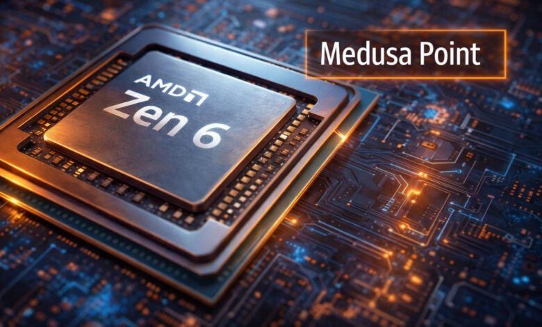Close-up of an AMD Zen 6 processor with 'Medusa Point' text overlay.