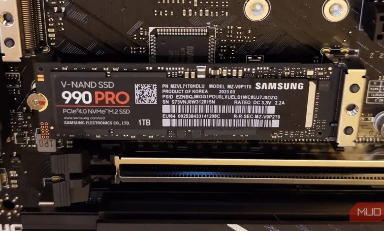 Samsung 990 Pro NVMe SSD installed on a motherboard.