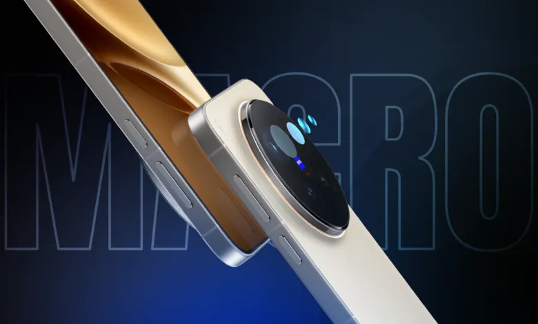 Close-up of a smartphone with a large camera lens and the word 'MACRO' in the background.