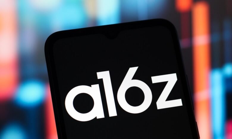 Close-up of a smartphone displaying the a16z logo in white on a black screen.