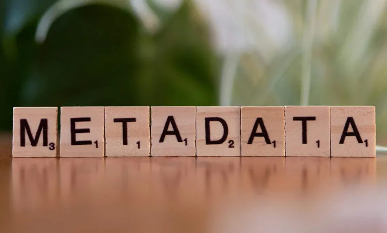 Wooden blocks spelling 'METADATA' on a reflective surface.