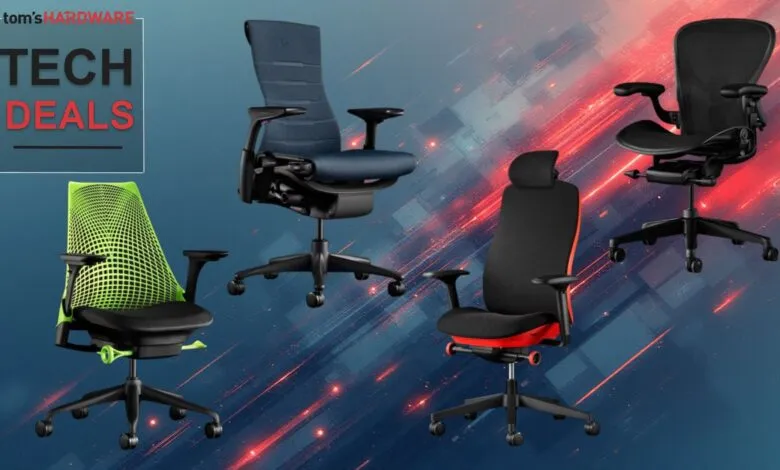 Four ergonomic office chairs displayed against a tech-themed background.