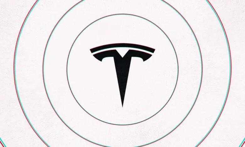 Tesla logo in black, centered within concentric circles on white background.