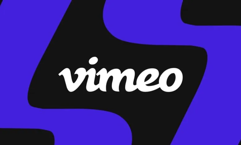 Vimeo logo in white on black background with purple accents.