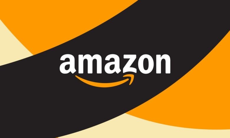 Amazon logo with curved orange arrow on a black and orange background.