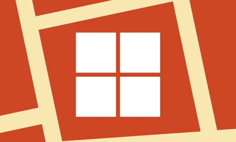 Microsoft logo in white on a red background with beige lines.