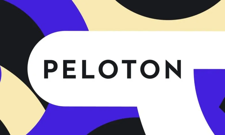 Peloton logo with bold lettering and geometric shapes in black, blue, and beige.