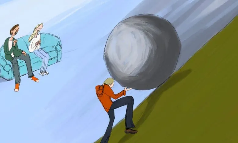 Person struggles to push boulder uphill while others relax on a couch.