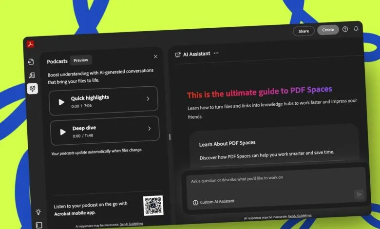 Adobe Acrobat interface showcasing podcast and AI assistant features.