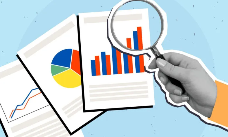 Hand with magnifying glass examining business charts and graphs.