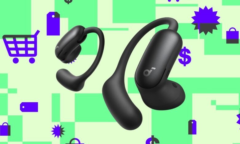 Black bone conduction headphones on a green and purple shopping-themed background.