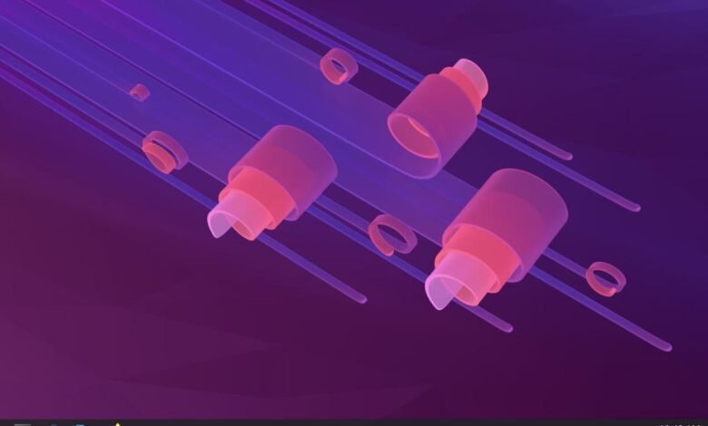 Abstract purple background with floating cylinders and lines.