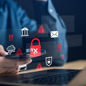 Person holding phone with security icons overlayed, representing cyber threats and data protection.