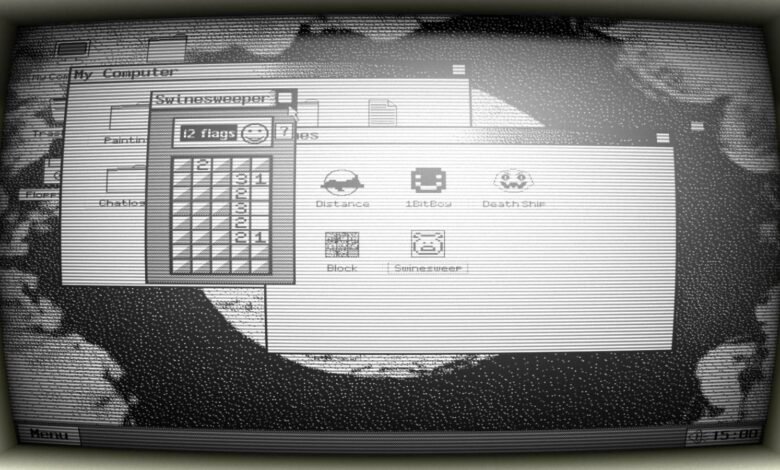 Old computer screen showing Swinesweeper game and file icons.