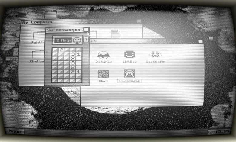 Old computer screen showing Swinesweeper game and file icons.
