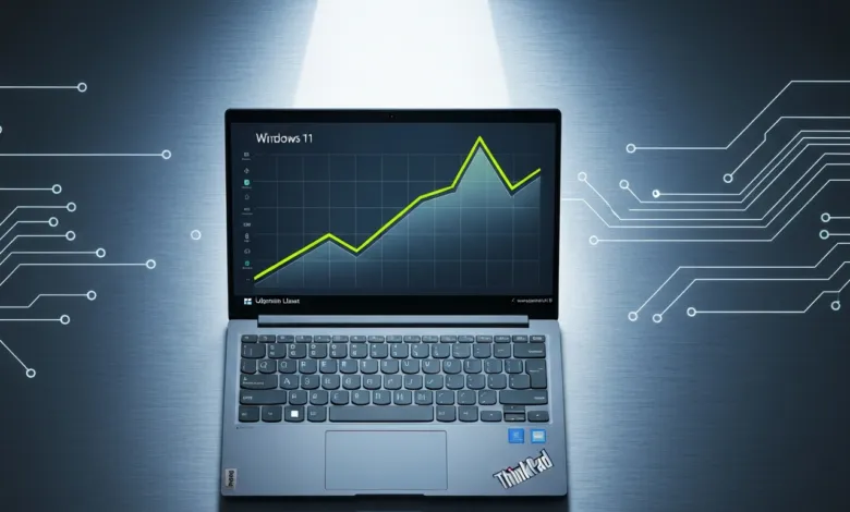 Laptop displaying a financial graph on Windows 11, surrounded by circuit board designs.