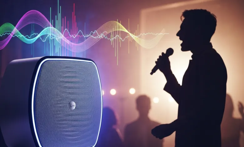 Speaker with sound waves and a silhouetted singer holding a microphone.