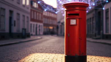 Red mailbox on cobblestone street with digital network overlay.