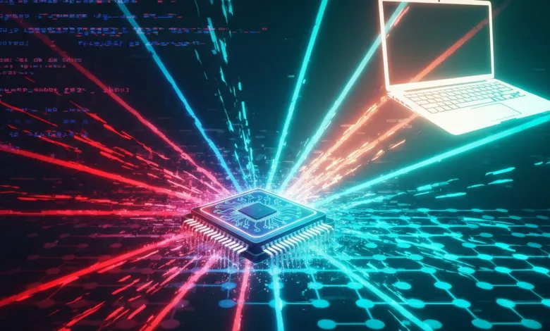 Computer chip with red and blue light beams, laptop in background.