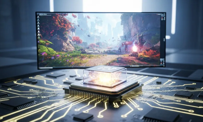 Close-up of CPU on motherboard with vibrant game scene on monitor.