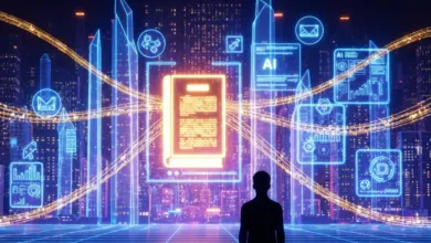 Silhouette stands before a glowing cityscape with AI and data icons.